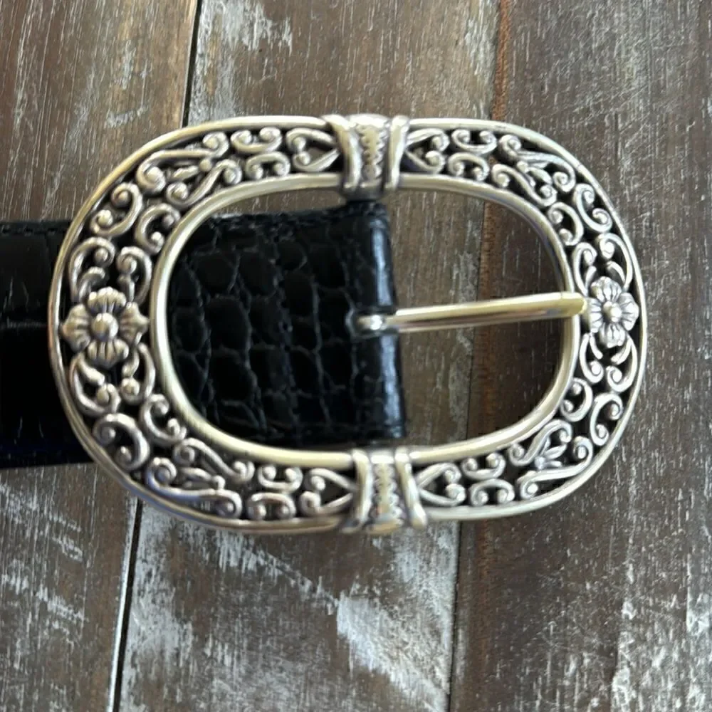 Croc Embossed Black Leather Belt Oval Ornate Silver Tone Buckle Women’s Size XL